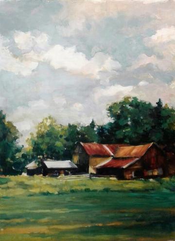 art painting barn in green field