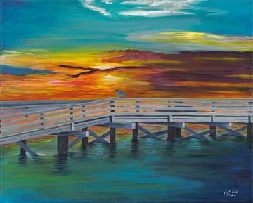 art painting of a dock at sunset with a bird sitting on the railing