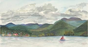 art painting the mountains along Lake George in New York