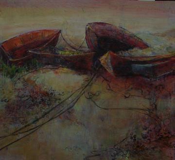 art painting of stranded rowboats on the shore