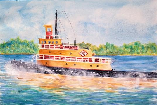 art painting of a tugboat on the hudson river
