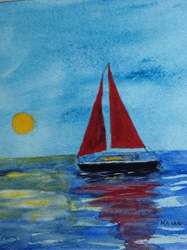art painting of a sailboat on the water with red sails