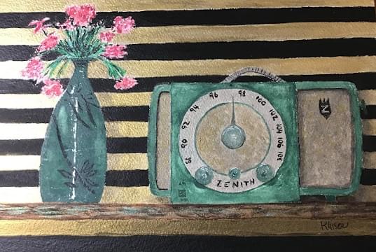 art painting of a japanese vase and old time zenith dial radio
