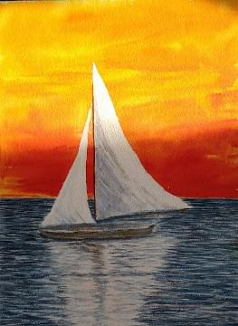 art painting of a sailboat on the water with the sunset in the background