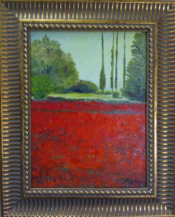 art painting valley of trees with red