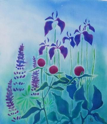 art painting of lupins peonies and irises