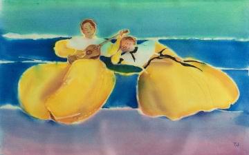 art painting musicians on couch wearing yellow dresses