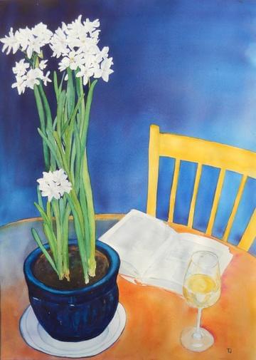 art painting paperwhite flowers with wine on table