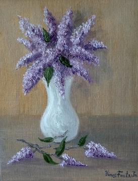 art painting of lilacs in white vase